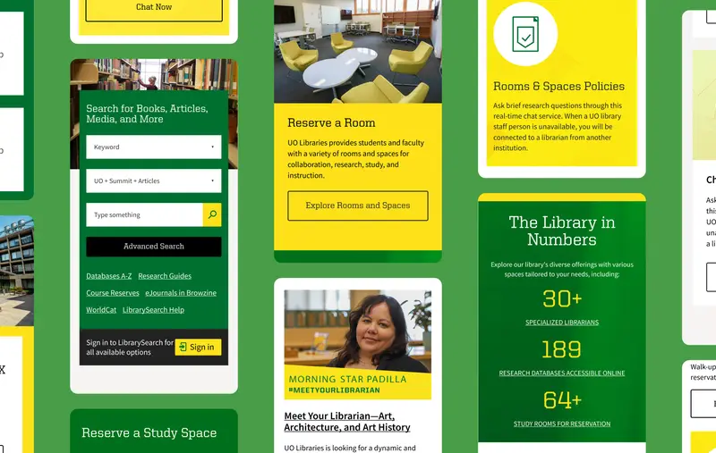 Une collection des pages du site mobile des bibliothèques de l'Université de l'Oregon