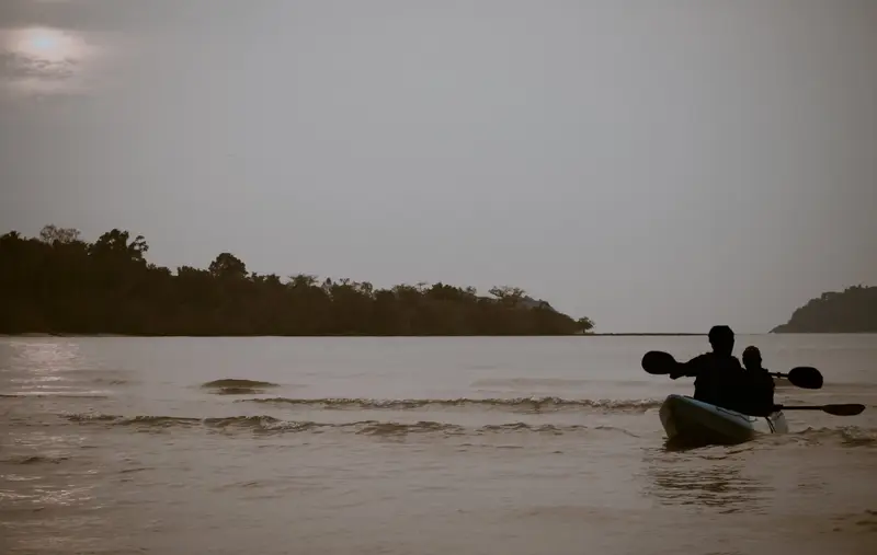 A banner representing NorthwesTel in the NT landscape, featuring a forest and human figures crossing a body of water in a canoe.