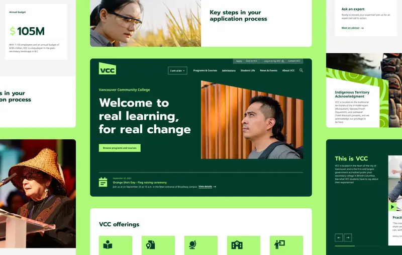 Une présentation des pages du site web desktop de Vancouver Community College.