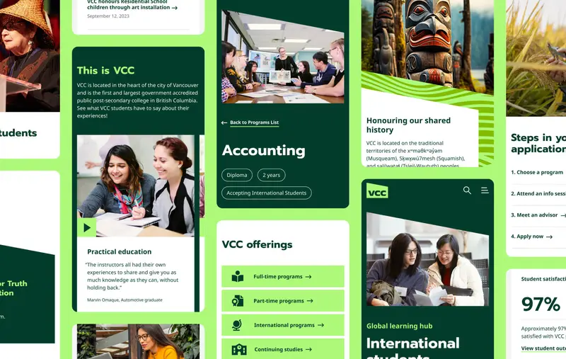 Une collection des pages du site web mobile de Vancouver Community College.
