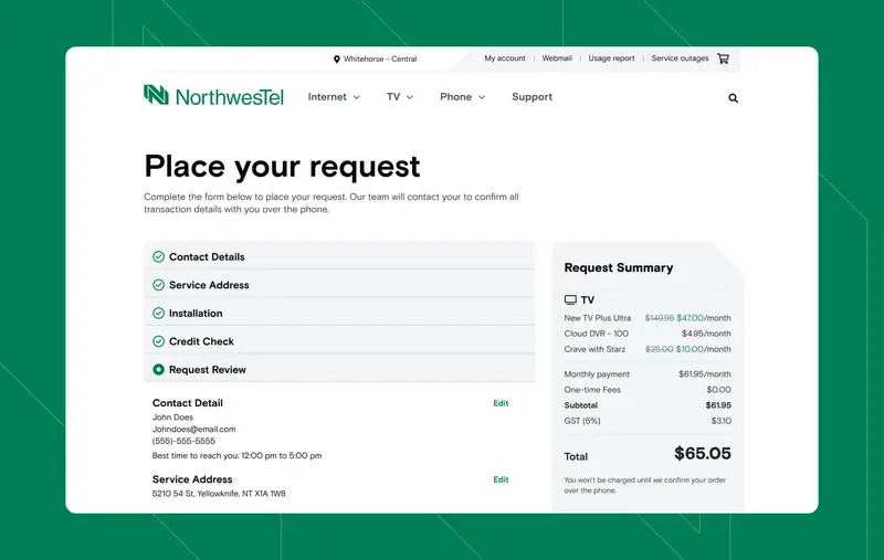 Un aperçu de la fonctionnalité "Soumettre une demande" de Northwestel.