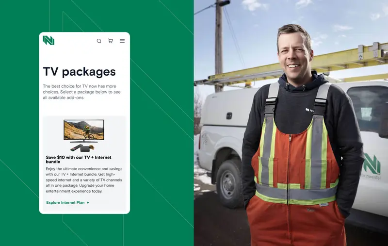 A showcase of the Northwestel mobile site next to a photo of a white man smiling near a NorthwesTel-branded car.