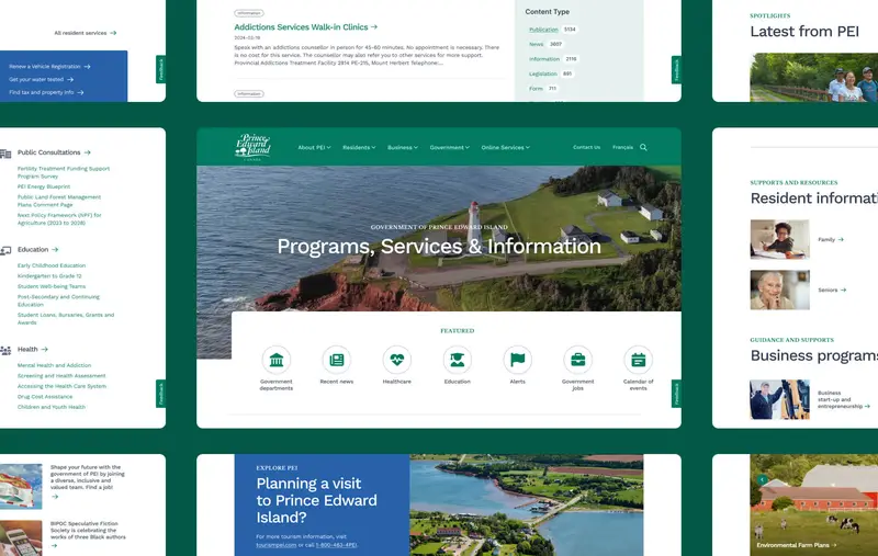 9 screenshots of different pages from the Government of PEI website