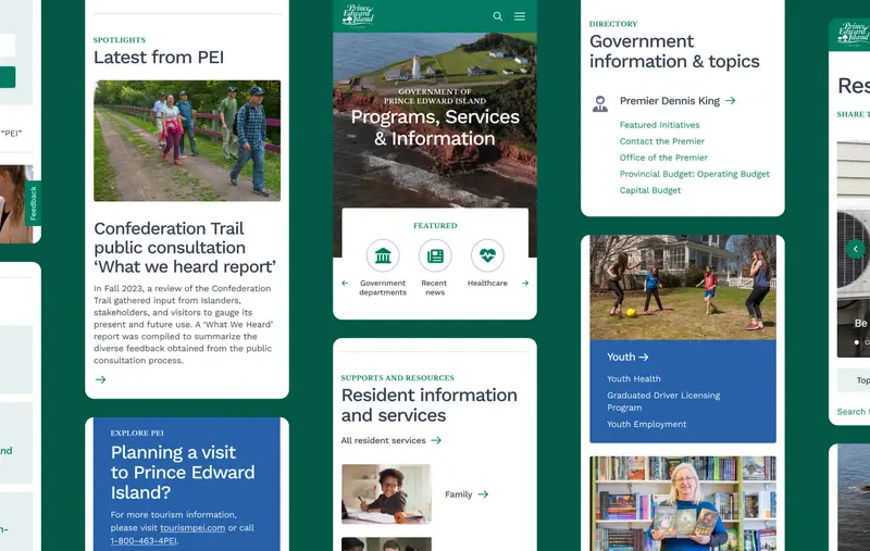Screenshots of many different pages of the Government of PEI website