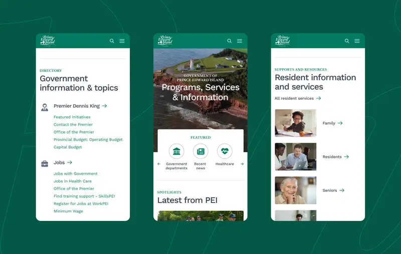 Three different screenshots of mobile pages