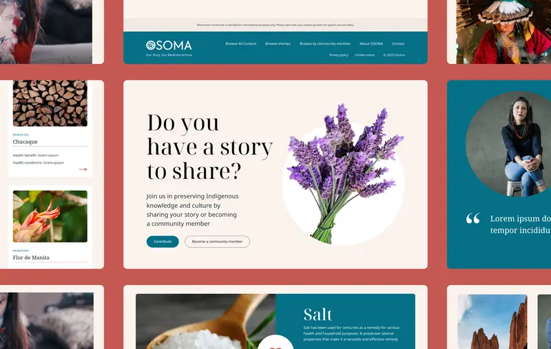A showcase of the OSOMA desktop website featuring 9 screenshots of different pages