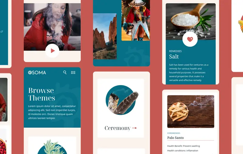 A showcase showing multiple screenshots of different pages of the website on mobile