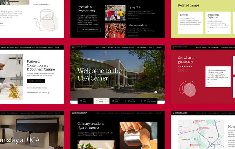 Nine screenshots of the UGA Center website, showcasing different pages