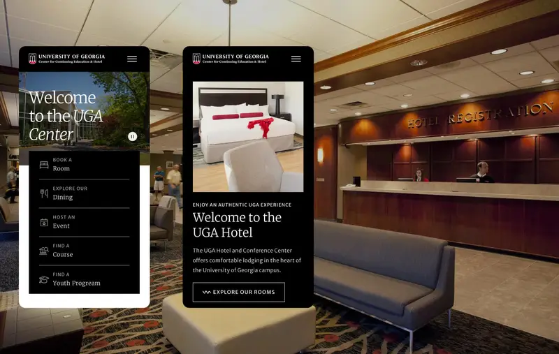 A photo of the UGA Hotel lobby, with overlays showcasing the mobile website