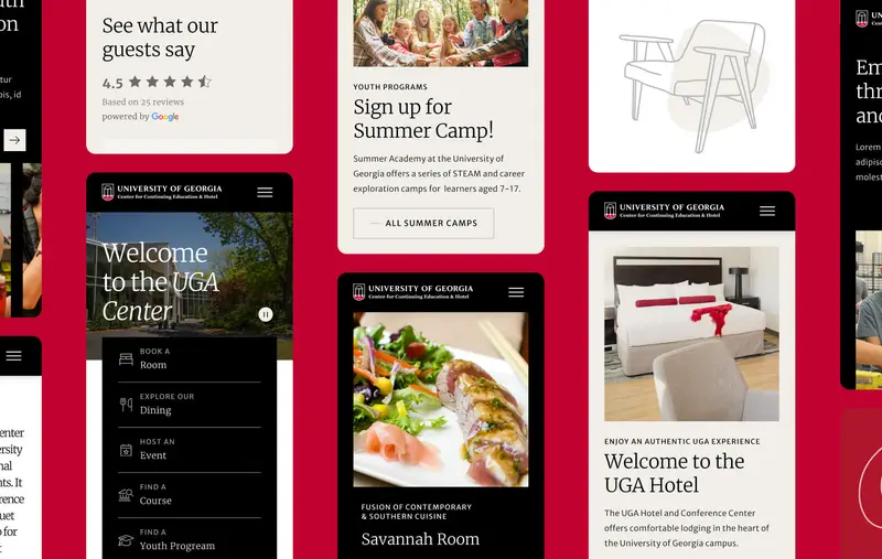 9 Screenshots of the UGA Center mobile website, showcasing different pages