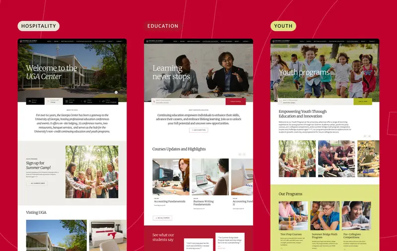 Screenshots, showcasing different themes from the UGA Center website: Hospitality, Education and Youth