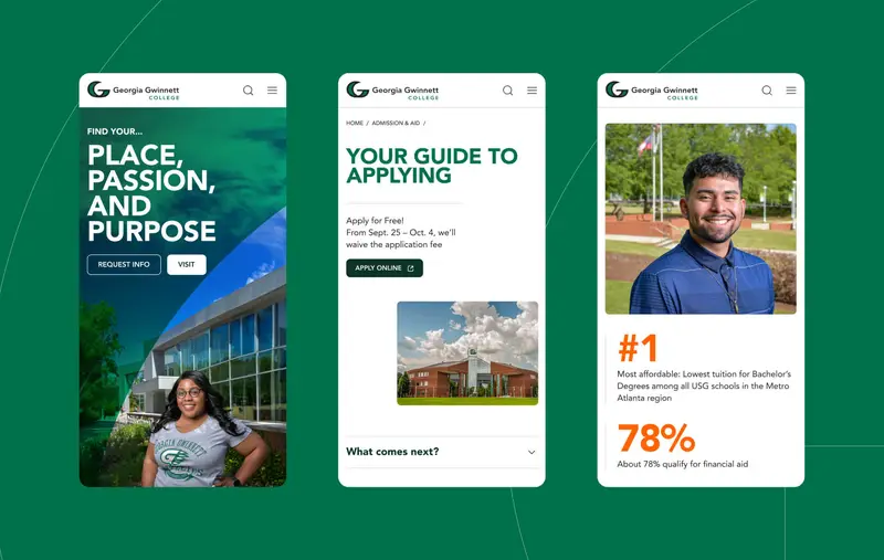 3 screenshots of the GGC mobile website, the homepage, the guide to applying page and a page showing that GGC is the #1 most affordable tuition among USG schools in the metro Atlanta region