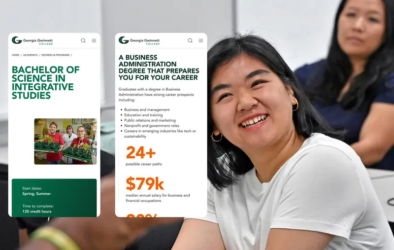 Two students smiling in a classroom, with mobile screens overlaid showing Georgia Gwinnett College program pages for a Bachelor of Science in Integrative Studies and a Business Administration degree, highlighting career paths, start dates, and salary information.