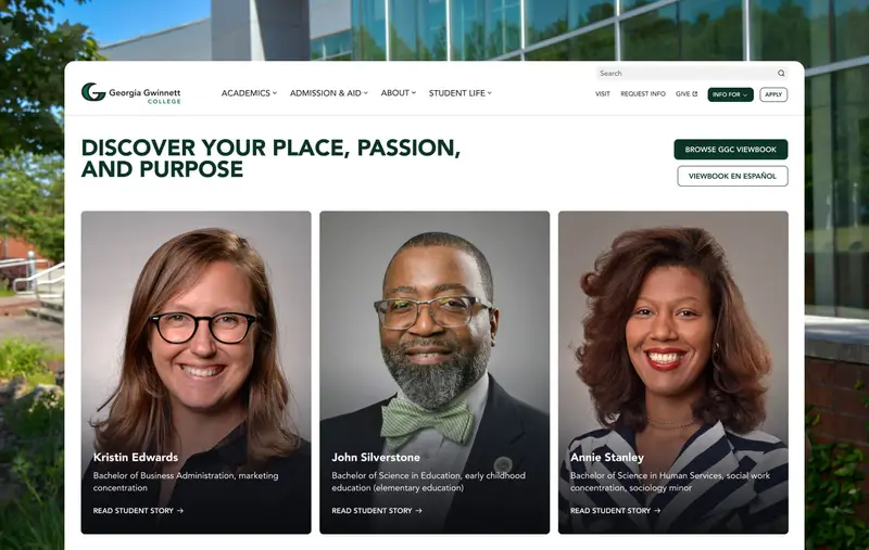 Georgia Gwinnett College webpage featuring the headline “Discover your place, passion, and purpose” and three student profile cards with portraits, degree programs, and links to read their student stories.