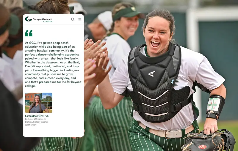 A Georgia Gwinnett College softball player wearing catcher’s gear celebrates on the field with teammates, with an overlaid student testimonial card highlighting a GGC student story and academic experience.