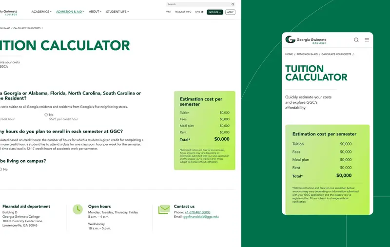 The GGC tuition calculator on desktop and mobile