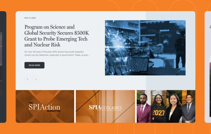 Screenshot of the SPIA homepage showing a news article banner about a grant received for a science and global securities program, with smaller news article headers below.