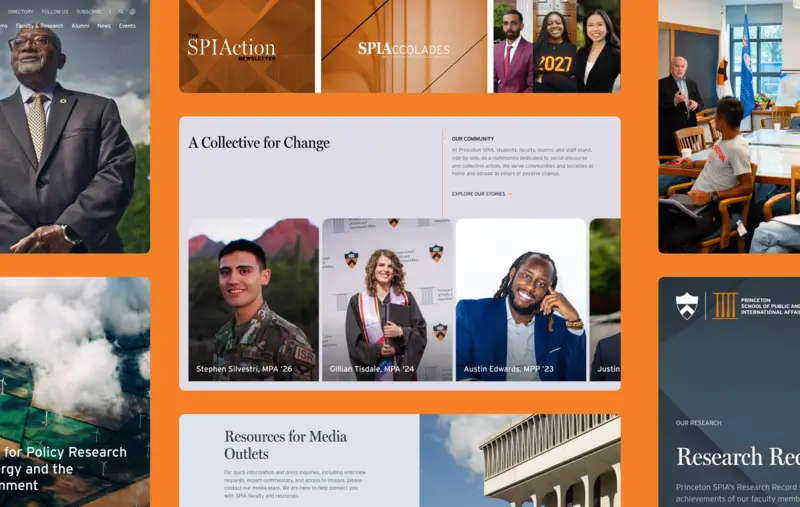 Seven screenshots of the SPIA homepage arranged in a grid.