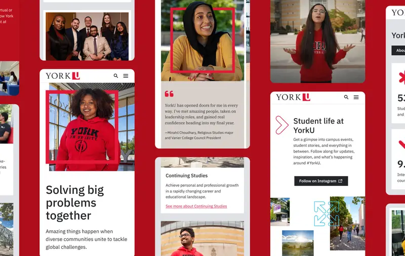 A grid of 10 different mobile screenshots of the York U homepage