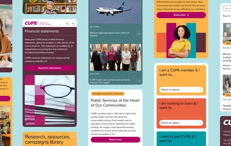 Mobile showcase of CUPE website pages