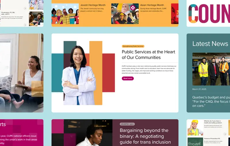 Grid of nine CUPE website screenshots