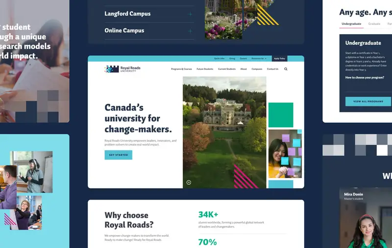 Grid of seven pages of the Royal Roads University website