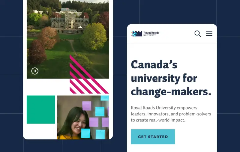 Screenshot of two mobile pages of the Royal Roads University website