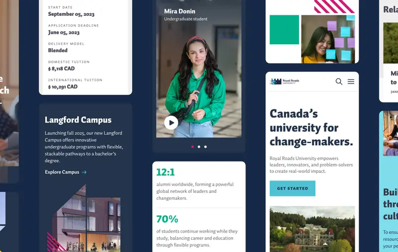 Mobile showcase of pages on the RRU website