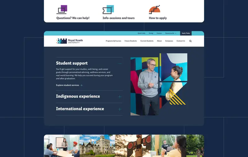 Screenshots of the Royal Roads University website