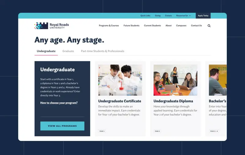 Screenshot of the Royal Roads University website
