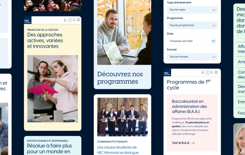 Captures d'écrans mobiles du site web de HEC Montréal