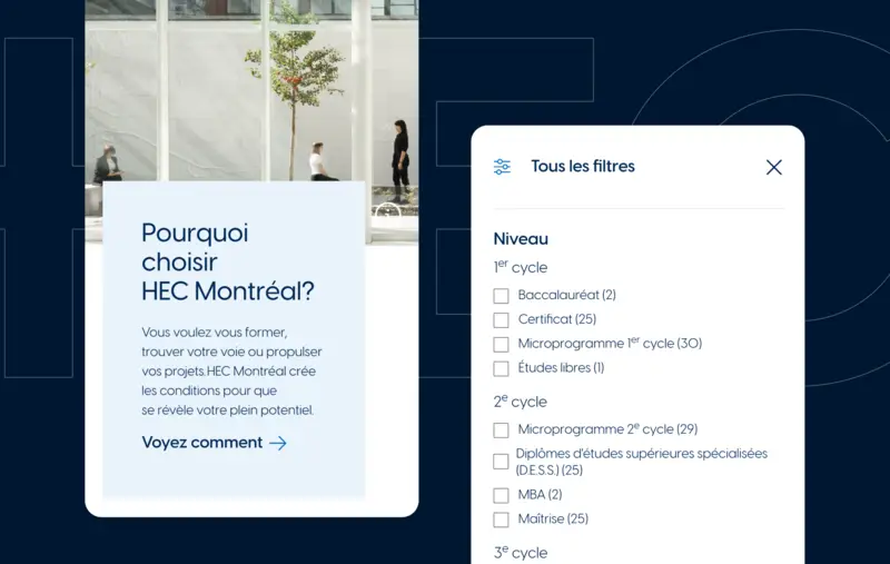 Deux captures d'écrans mobiles du site web de HEC Montréal