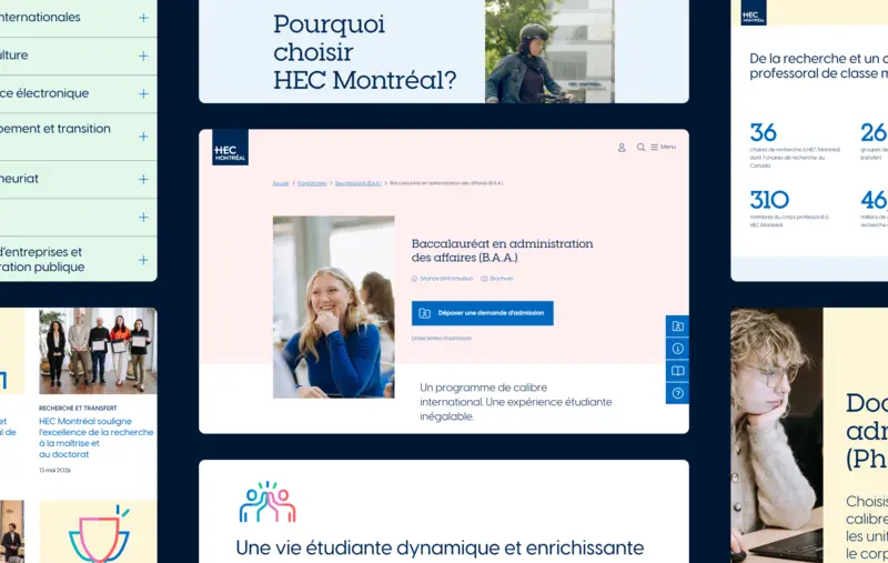 Grille de 7 captures d'écran du site web de HEC Montréal