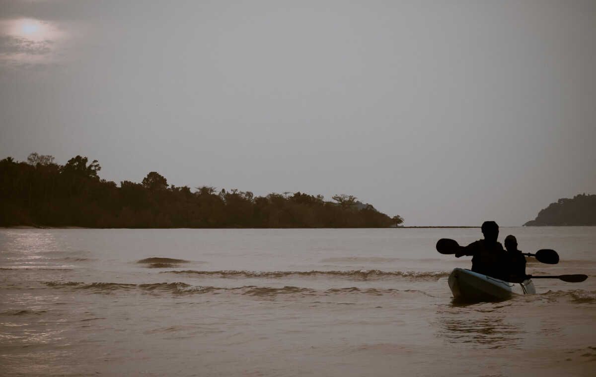 A banner representing NorthwesTel in the NT landscape, featuring a forest and human figures crossing a body of water in a canoe.