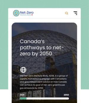 Net-Zero Advisory Body thumbnail featuring a light green background and a photo of Montreal's Biosphere